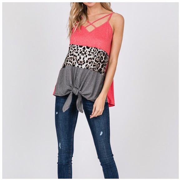 Leopard Print Coral Tie Front Strappy Tank Top! - Picture 4 of 16